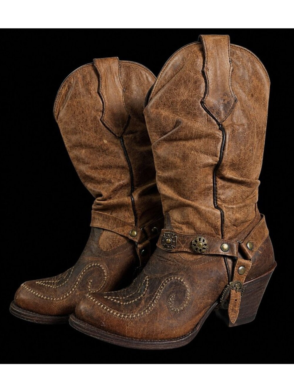 VTG Mexico Handmade Leather Coastal Cowgirl Boots US 6.5 Brown Harness Slouchy